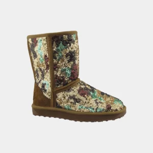 Women’s Sequin Snow Boots Cow Suede Heel Faux Fur Lining Insole EVA Sole Warm Soft Winter Mid-Calf Boots OEM ODM Factory