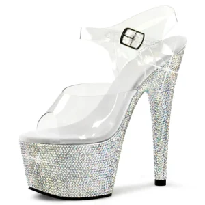 Women’s Sexy Bejeweled Rhinestone Platform Clear PVC Ankle Strap Light Weight Summer Nightclub Stripper Perform Party Dress