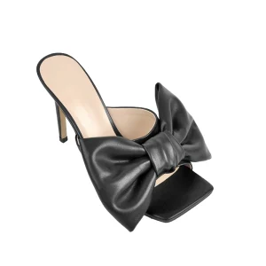 Women’s Sexy Black Bowknot Slip On Mules Stiletto Ultra High Heel Open Toe Party Slides Height Increasing Summer Outdoor Use