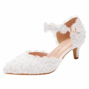 Women’s Sexy Fashionable 5cm White Lace Pointed Toe Heeled Sandals Large Size Breathable Cloth Insole Wedding Party Summer
