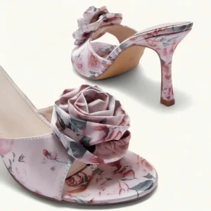 Women’s Sexy Open Toe Silk Summer Spring Dress Shoes High Mid Short Heel Sandals Flower Print Slip-On Fashion Trend