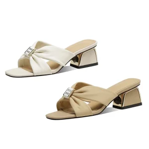 Women’s Sexy Square Toe Open Toe Knotted Mules with Gold Block Heel Summer Slip On Barefoot Heeled Sandals