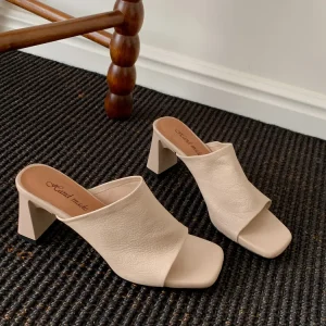 Women’s Sexy Summer Open Toe Thick Heel Mules Slippers with Sheepskin Upper