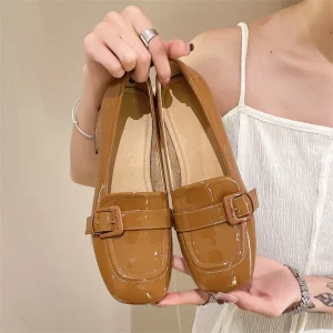 Women’s Sheep Patent Leather Loafers Square Toe Fashion Work Clothing Flats Small Casual Shoes for Summer