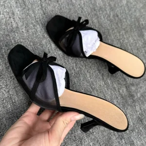 Women’s Shoes Black Bow Square Toe Anti-Slip Wine Glass Heel Summer Open-Toe Slip-On Mules