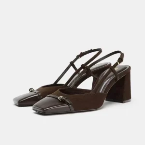 Women’s Shoes Brown Block Heel Open Back Square Toe Mules
