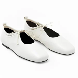 Women’s Shoes Lace up Ballet Flats White Pu Leather Ladies Square Toe Shoes Comfortable Flats