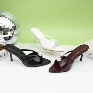 Women’s Shoes Mules with Pearl Detail High Heel Open Toe Slip-On Sandals for Wedding & Formal Occasions