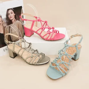 Women’s Shoes Oem Odm Summer Weaving Ankle Strap Round Toe Stiletto Women Block Heels Women’s Sandals Shoes