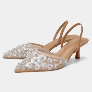 Women’s Shoes Pearl Rhinestone Beaded Open Back High Heel Mules Shallow Sweet Style Sandals