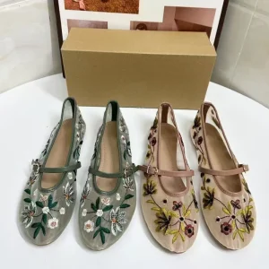 Women’s Shoes Round Head Green Flower Embroidered Flats Mesh Fabric Fashion Floral Casual Ballet Flat Shoes
