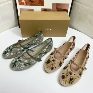 Women’s Shoes Round Head Mesh Sand Green Flower Embroidered Mesh Fabric Fashion Casual Ballet Flat Single Shoes