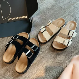 Women’s Shoes Sandals slippers Retro Simple Thick Soled Double Buckle Slippers Women’s Slip On Fashion Walking Style Shoes