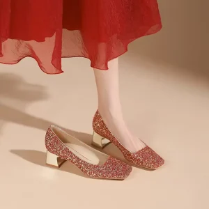 Women’s Shoes Sequins Rhinestones Square Toe Thick Heel Elegant Temperament Heels Diamond Bridesmaid Shoes