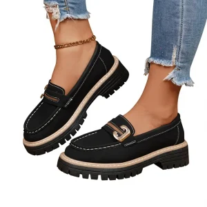Women’s Shoes Simple Outdoor Buckle Heightened Breathable Anti-Slip PU Upper Rubber Sole Loafers Flat Spring Customization