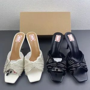 Women’s Shoes Square Toe Pearl Straps High Heels Summer Flip Flops for Western Women