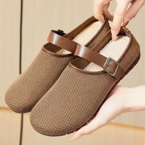 Women’s Shoes Summer Casual Versatile Retro Soft Sole Breathable Anti-Slip Outdoor Slip-On Mesh Closed Toe PVC Outsole