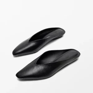 Women’s Shoes Summer New Black Pointed Toe Simple Soft Leather Open Heel Flat Mule Shoes