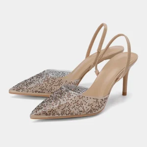 Women’s Shoes Transparent Plastic Beaded High Heel Open Back Mules Pointed Toe Hollow Sandals