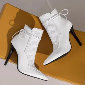 Women’s Shoes Wedding Shoes Banquet Style Lace Short Boots with Pointed Edges Thin Heels and Rear Lace up Women’s Boots