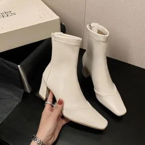 Women’s Short Ankle Boots Breathable Anti Slip Solid Thermal Lightweight Oxhide Zipper Pointed Toe Chunky Heel Height Increasing