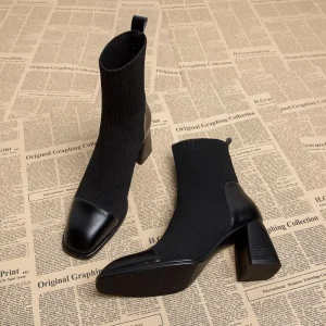 Women’s Short Boots Early Fall Soft Leather Mid-heel Thick Spring and Autumn Single Boot Elastic High Heel Skinny Socks