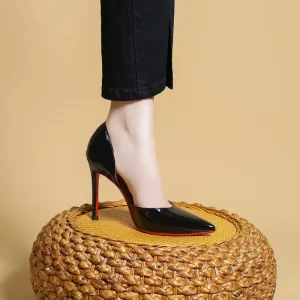 Women’s Side Hollow Red Sole Slip-On Club Style High Heels 6-8cm Stiletto Pointed Toe Patent Leather Pump Shoes Sexy Elegant