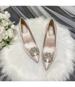 Women’s Silk Thin Heels Slip-On Wedding Shoes with Rhinestones Lightweight