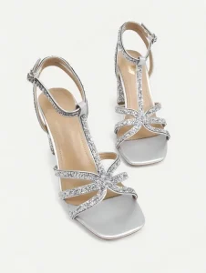 Women’s Silver Block Heel Sandals Square Toe Ankle Strap Sandals with Rhinestone Detail Wedding Party Dress Shoes for
