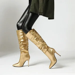 Women’s Silver Golden Knee High Square Toe Boots 10cm Heel Slim Fit Autumn Winter Side Zipper High Heeled Knight Style