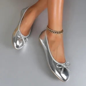 Women’s Silver Metallic Ballet Flats Bow Decor Slip On Flat Shoes for Office & Everyday Use