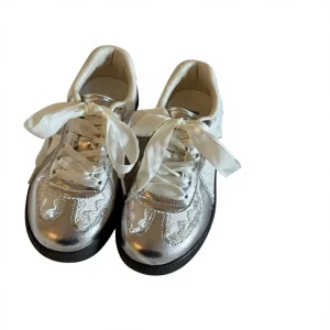 Women’s Silver Metallic Lace Sneakers with Satin Ribbon Laces Fashion Casual Platform Shoes