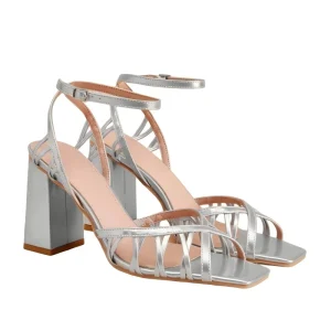 Women’s Silver Multi Strap Block Heel Square Open Toe Slip-On Closure High Heels Shoes Summer Outdoor Anti-Slip