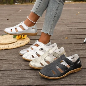 Women’s Silver Perforated Casual Sandals Closed Toe Adjustable Strap Flats Breathable Comfortable Everyday Shoes