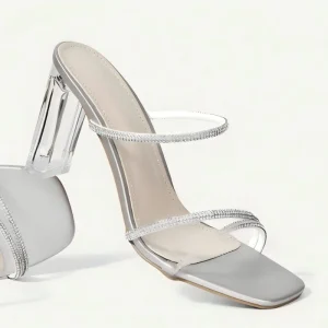 Women’s Silver Rhinestone Mule Sandals Square Toe Clear Block Heel Multi-Strap Heels Elegant Party Dress Shoes