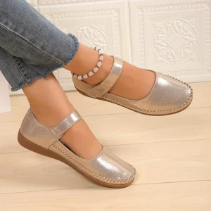 Women’s Silver&Gold Metallic Mary Jane Flats Comfortable Soft Adjustable Strap Casual Shoes for Daily Wear
