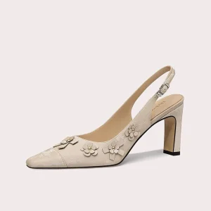 Women’s Simple square Toe Pearl Decor Casual Heels Slip On Flower Decoration Slingback Thick Heeled Wedding Shoes Summer