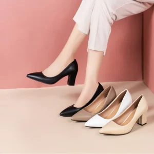 Women’s Single-Layer Work Shoes Thick High Heel Shallow Mouth Simple Korean Style PU Slip-On Fashionable Pointed