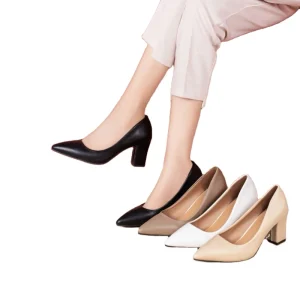 Women’s Single Layer Work Shoes Thick High Heel Shallow Mouth Simple Korean Style PU Slip On Fashionable Pointed