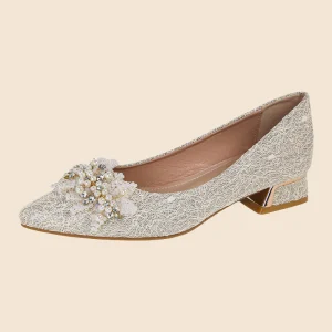 Women’s Single Strap 5cm Square Heel Stilettos Rhinestone Plus Size Slip On Pointed Toe Lightweight Bridal Shoes for Wedding