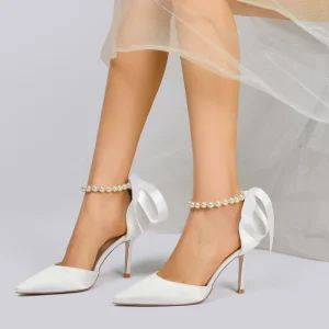 Women’s Slim High Heeled Pointed Toe Hollow Pearl Ribbon Wedding Shoes Bride’s Shoes Matron Fashion Trend Summer Autumn