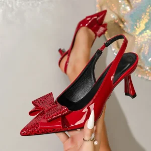 Women’s Slingback Pointed Toe Pumps Bow Decor Low Kitten Heel Elegant Wedding Party Dress Shoes