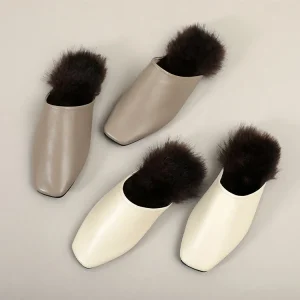 Women’s Slip On Autumn Winter Spring Loafers Warm Flat Faux Fur Open Back Genuine Sheepskin Leather Slippers