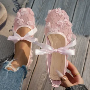 Women’s Slip On Bow Knot Flower Ballet Square Head Lace Flat Mesh Flat Heeled Elegant Casual Flat Shoes for Women Shoes