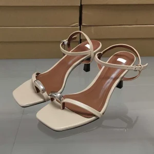 Women’s Slip-On Dress Shoes Square Head Metal Decorative High Heel Sandals with Open Toe and Buckle Line