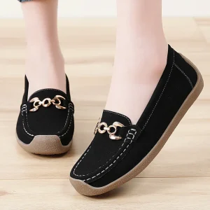 Women’s Slip-On Loafers Shoes with Comfortable Rubber Sole and Chain Decoration