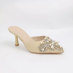 Women’s Slip-On Mules Shoes Pearl Lace Heels with Pointed Toe Light Weight Fashion Trend Slides for Summer