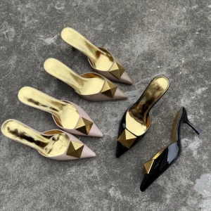 Women’s Slip On Mules Square Metal Buckle Pointed Toe Stiletto Heel High Heels