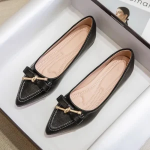 Women’s Slip-On PU Ballet Flats with Bow Detail for Comfortable Workwear