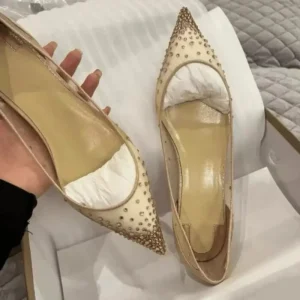 Women’s Slip On Solid Summer Crystal Lace Mesh Flats Rhinestones Internal Height Increase Pointed Toe Shallow Red